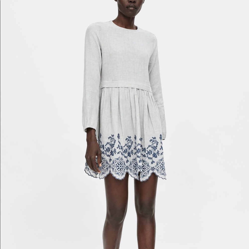 ZARA EMBROIDERED FLORAL DRESS LONG SLEEVES XS BLUE GRAY
